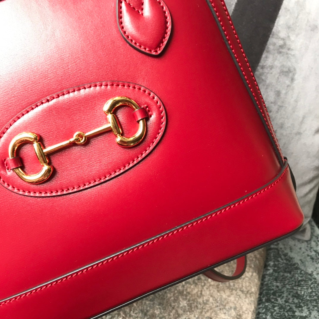 Gucci Classic Red Leather Top Handle Handbag with Gold Horsebit Hardware