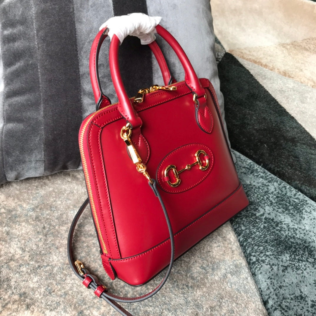Gucci Classic Red Leather Top Handle Handbag with Gold Horsebit Hardware