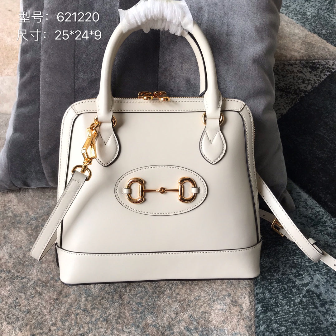 Gucci Elegant Off-White Leather Top Handle Bag with Horsebit Hardware