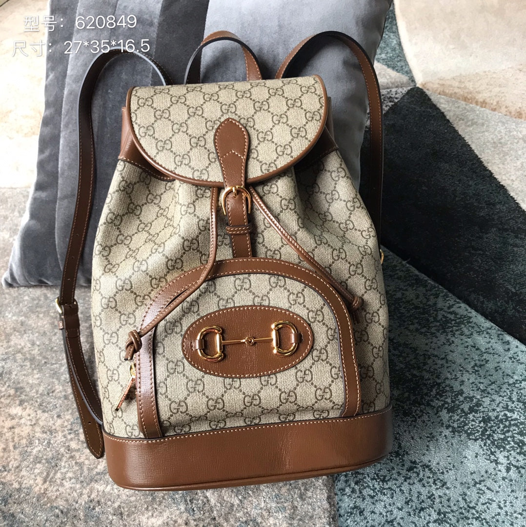 Gucci Vintage Monogram Canvas Backpack with Brown Leather Trim