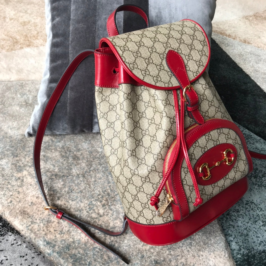 Gucci Vintage Monogram Canvas Backpack with Red Leather Trim and Horsebit