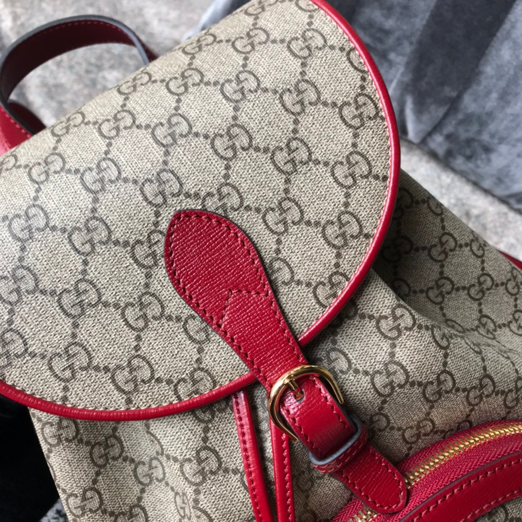 Gucci Vintage Monogram Canvas Backpack with Red Leather Trim and Horsebit