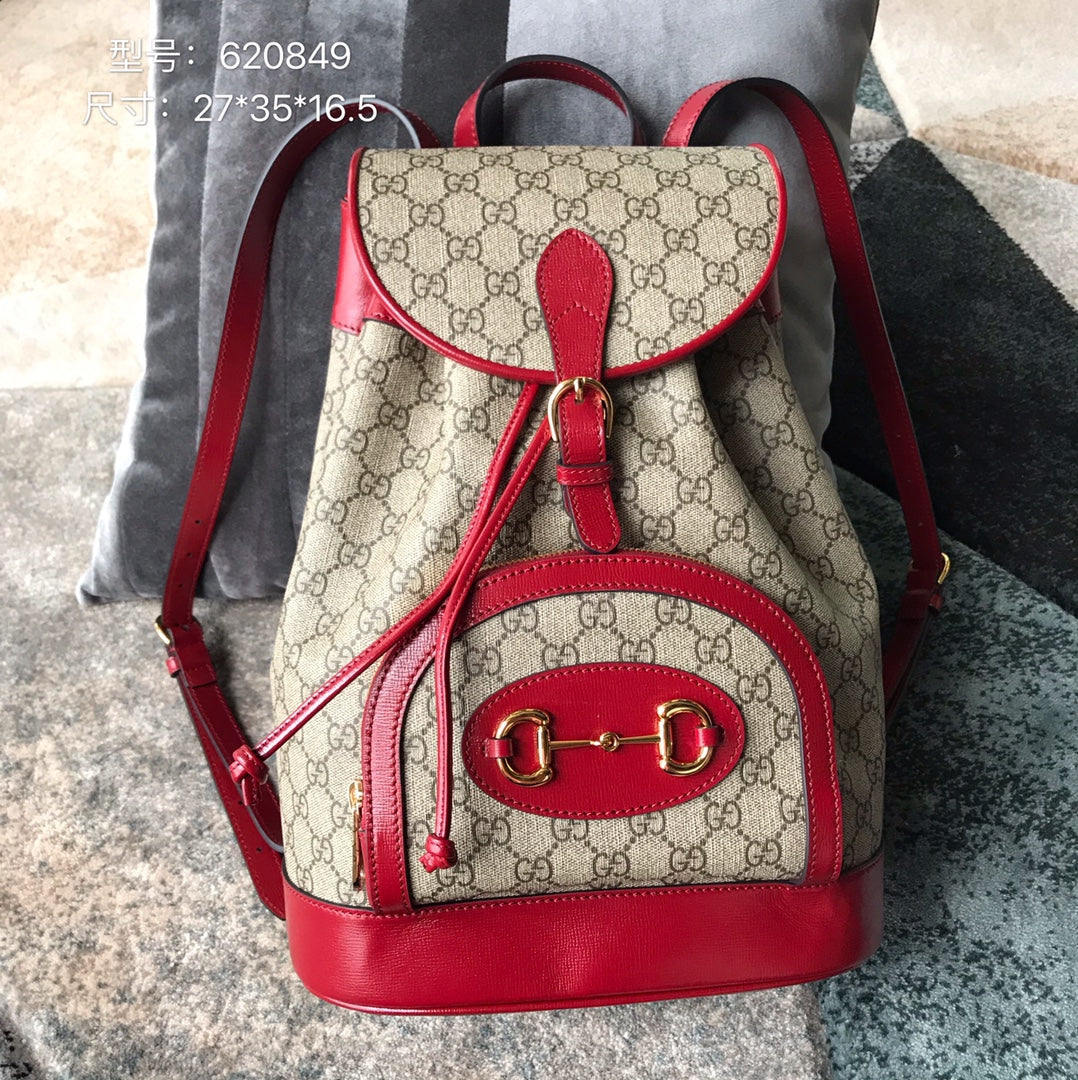 Gucci Vintage Monogram Canvas Backpack with Red Leather Trim and Horsebit