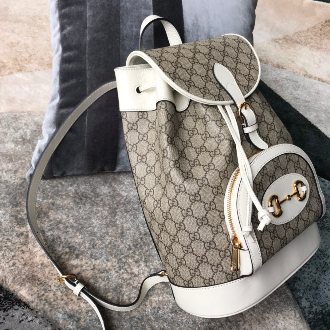 Gucci Vintage Monogram Backpack with White Leather Trim and Horsebit