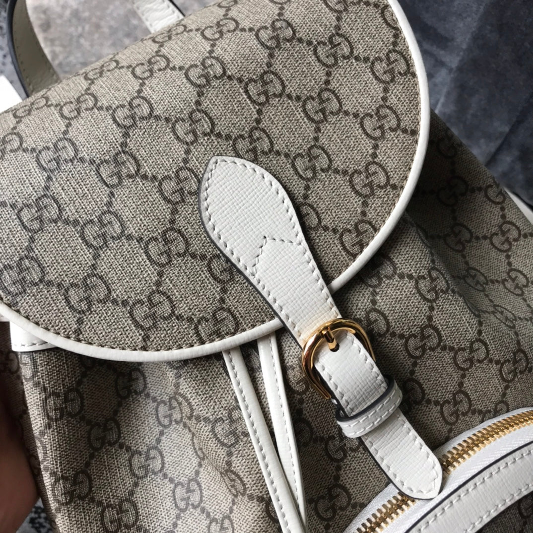 Gucci Vintage Monogram Backpack with White Leather Trim and Horsebit