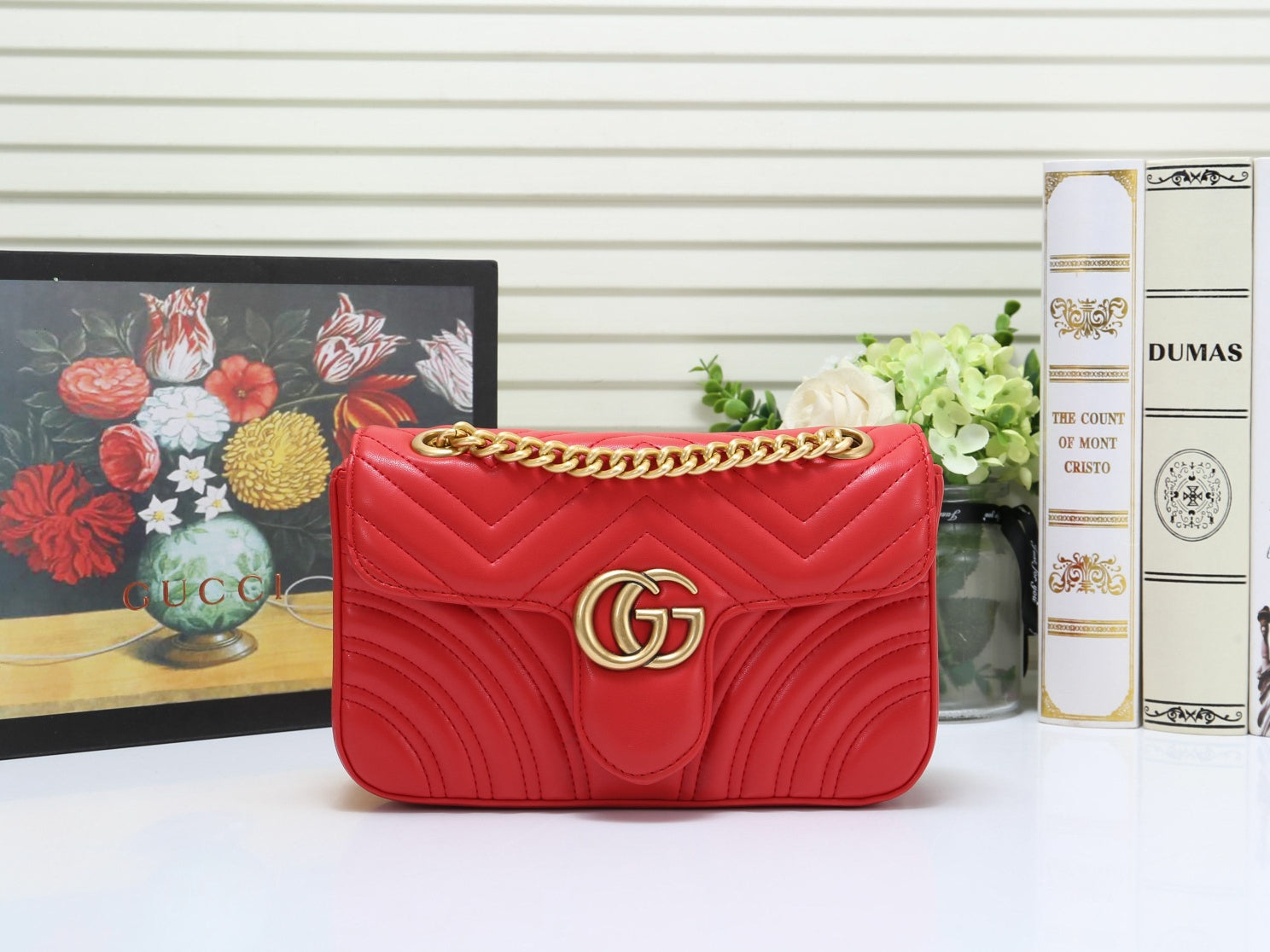 Gucci Red Quilted Chevron Leather Crossbody Bag with Gold Chain