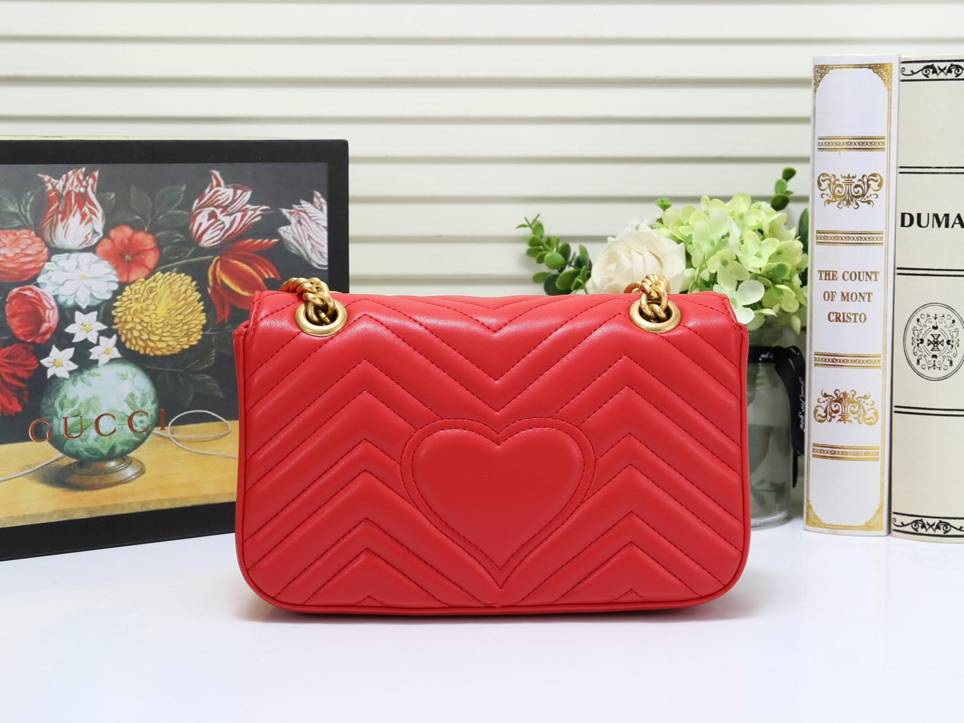 Gucci Red Quilted Chevron Leather Crossbody Bag with Gold Chain