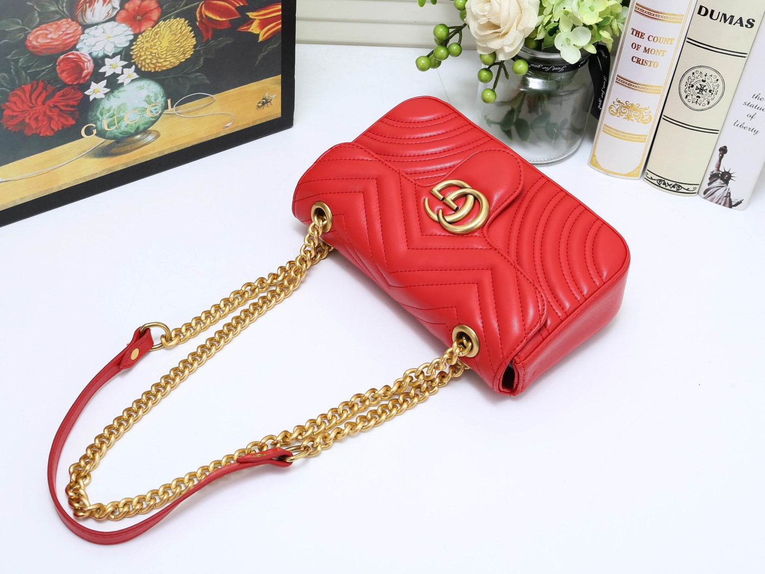 Gucci Red Quilted Chevron Leather Crossbody Bag with Gold Chain