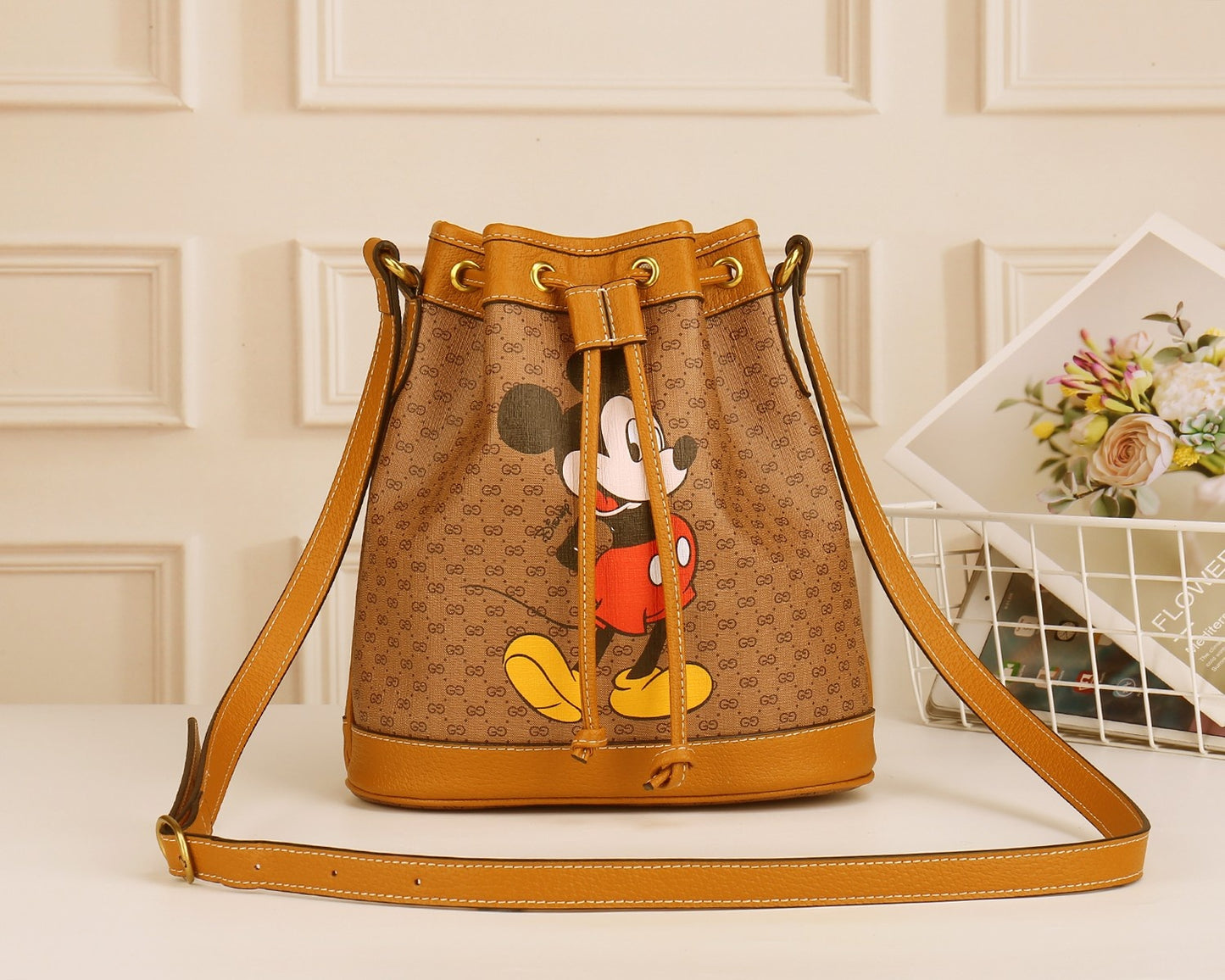 Gucci Vintage Cartoon Mouse Print Monogram Drawstring Shoulder Bucket Bag
