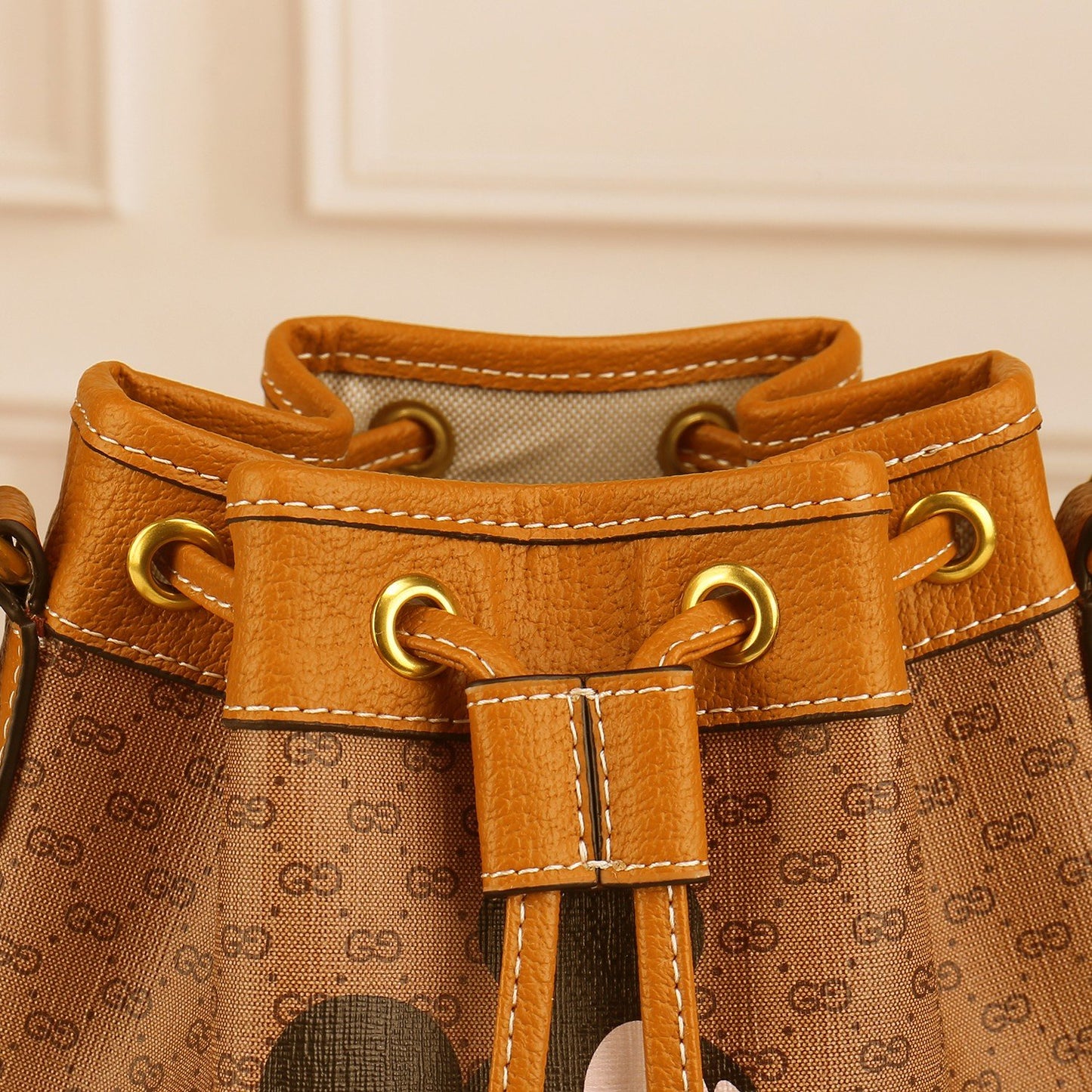 Gucci Vintage Cartoon Mouse Print Monogram Drawstring Shoulder Bucket Bag