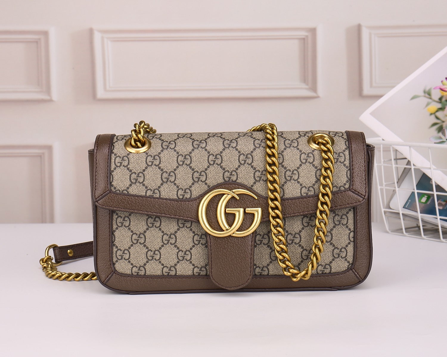 Gucci Classic Monogram Canvas Flap Shoulder Bag with Gold Chain