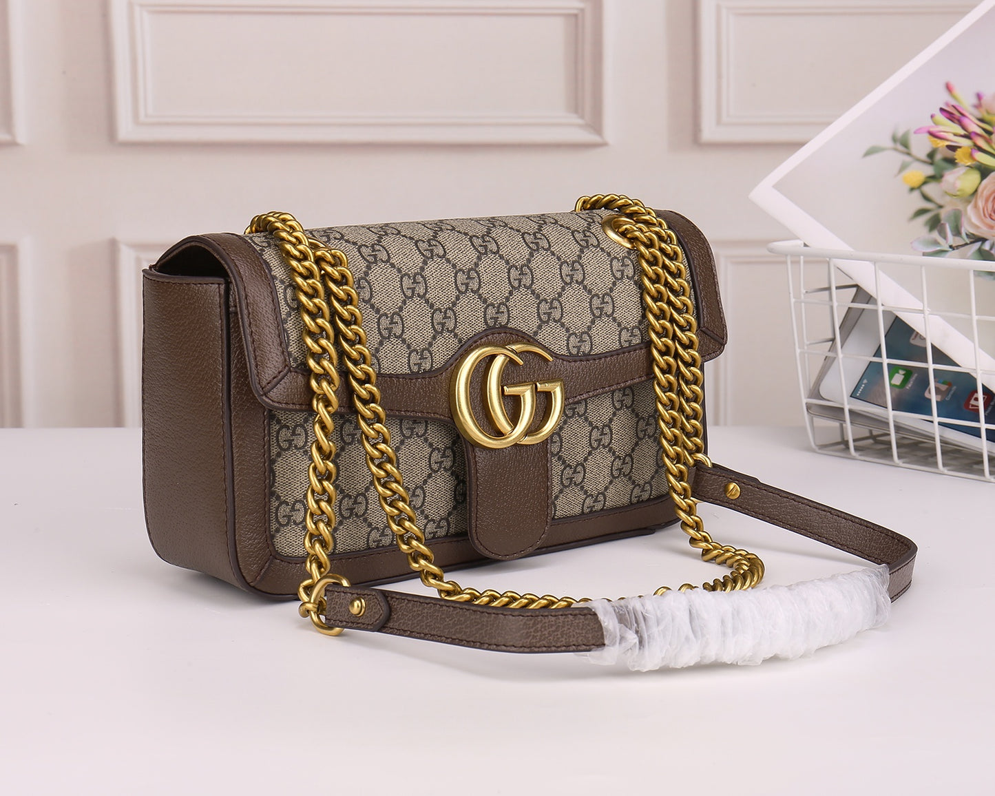 Gucci Classic Monogram Canvas Flap Shoulder Bag with Gold Chain