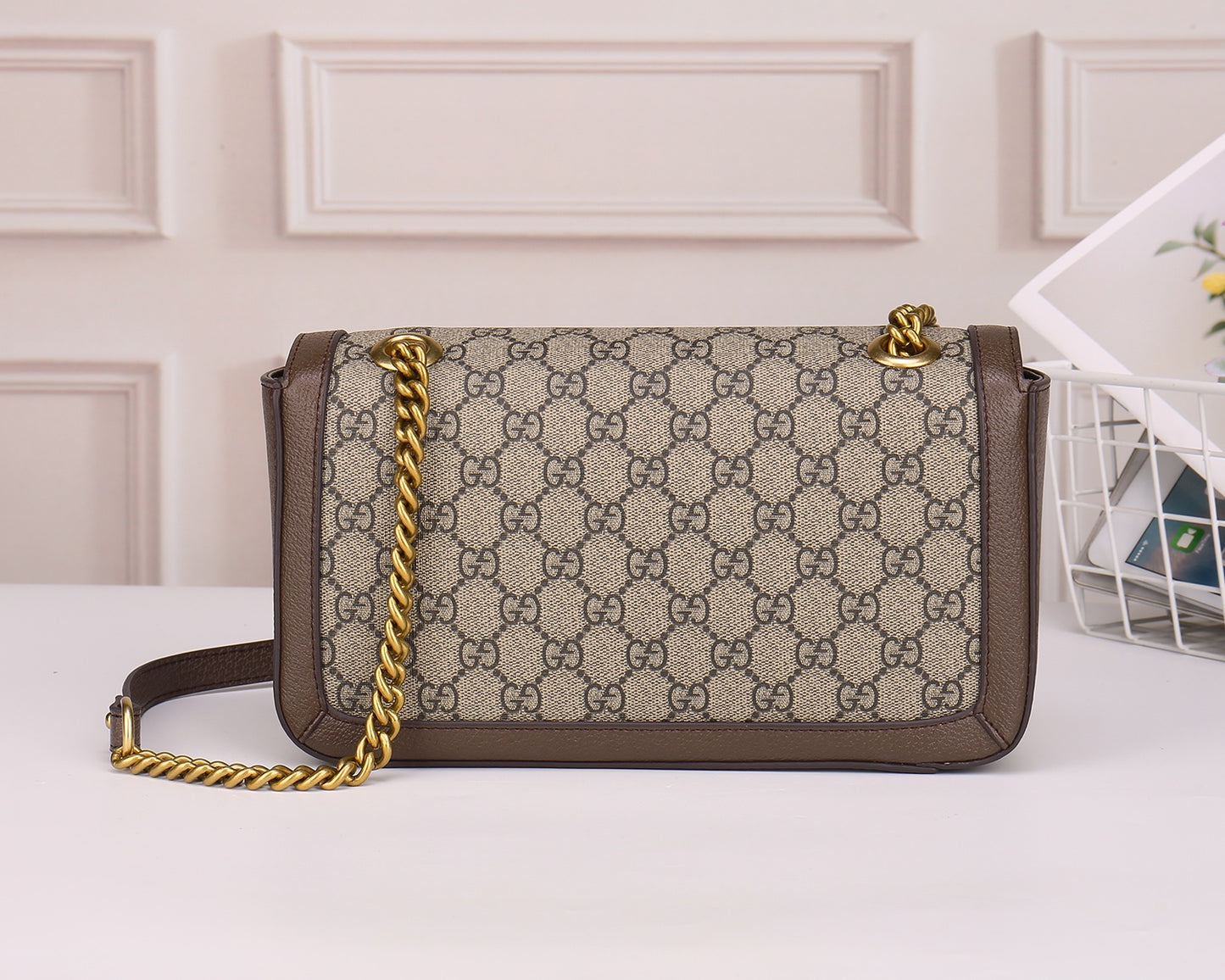 Gucci GG Marmont Small Shoulder Bag in GG Supreme Canvas with Brown Leather