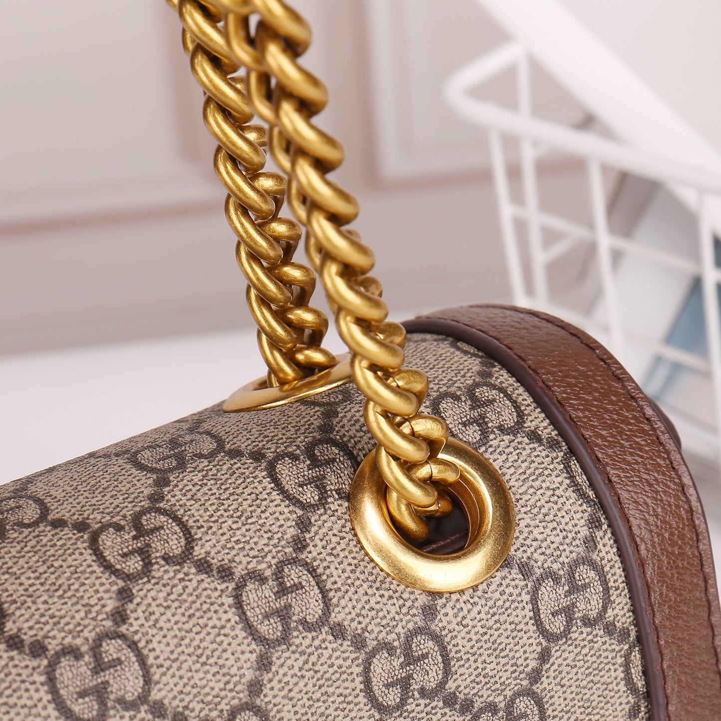 Gucci Classic Monogram Canvas Flap Shoulder Bag with Gold Chain