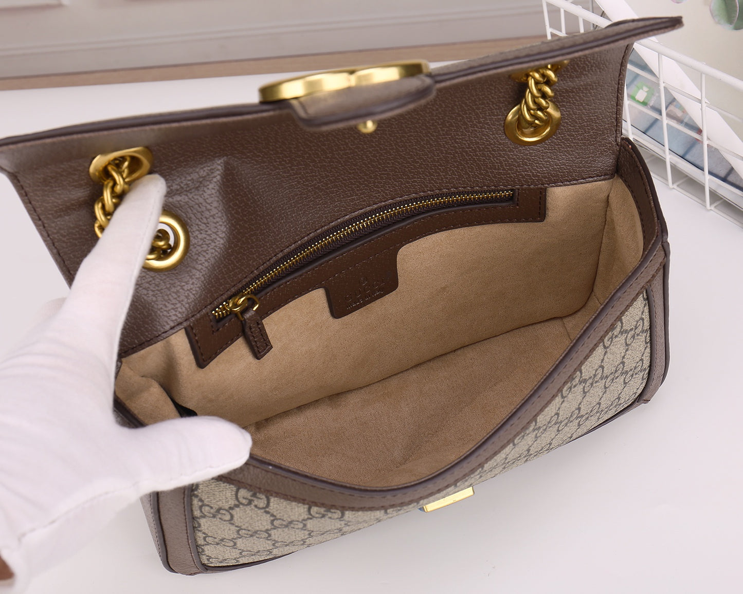 Gucci Classic Monogram Canvas Flap Shoulder Bag with Gold Chain