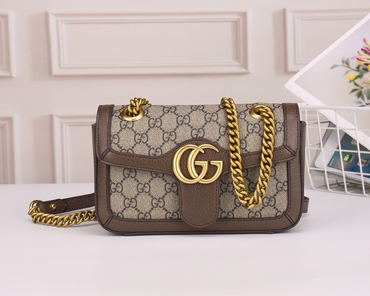 Gucci Classic Monogram Flap Shoulder Bag with Gold Chain and Leather Trim