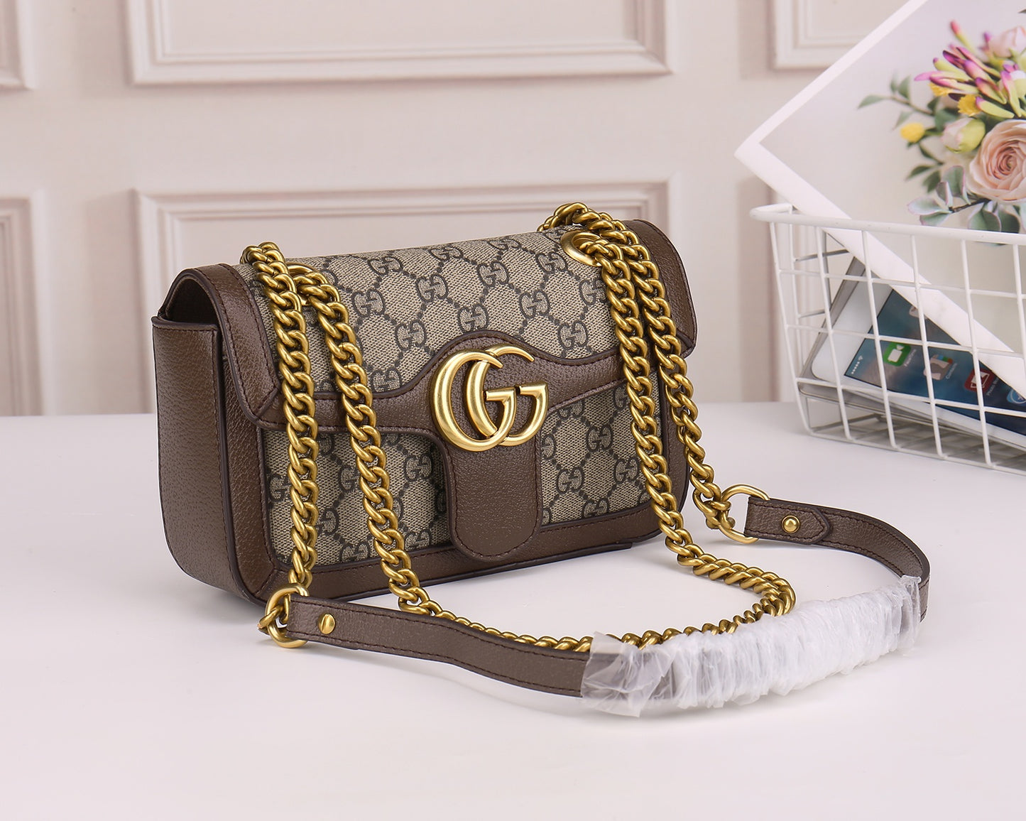 Gucci Classic Monogram Flap Shoulder Bag with Gold Chain and Leather Trim