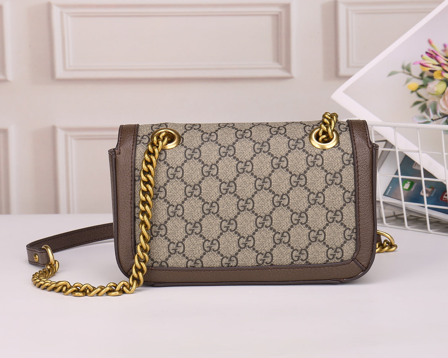 Gucci Classic Monogram Flap Shoulder Bag with Gold Chain and Leather Trim