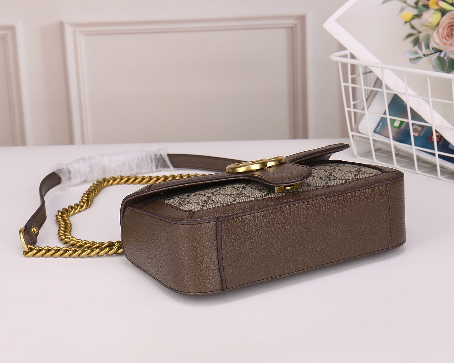 Gucci Classic Monogram Flap Shoulder Bag with Gold Chain and Leather Trim