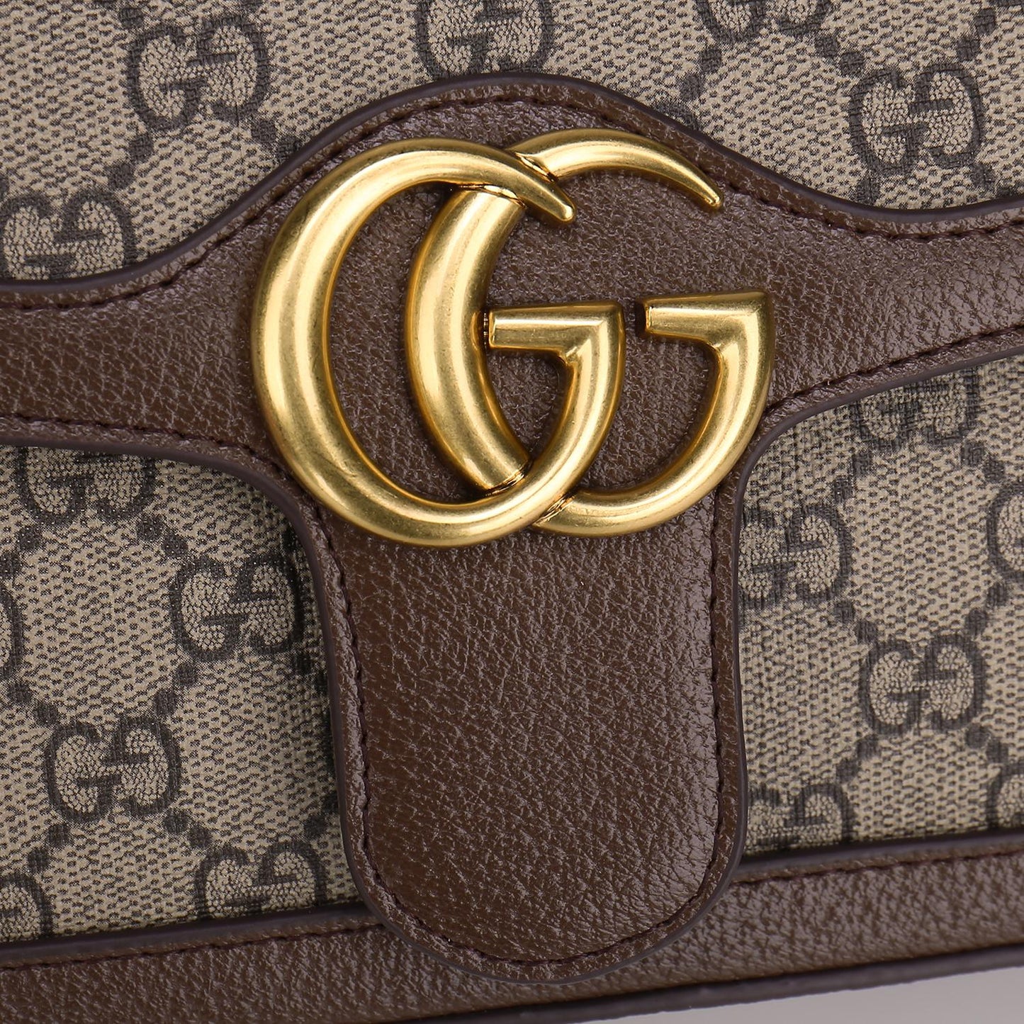 Gucci Classic Monogram Flap Shoulder Bag with Gold Chain and Leather Trim