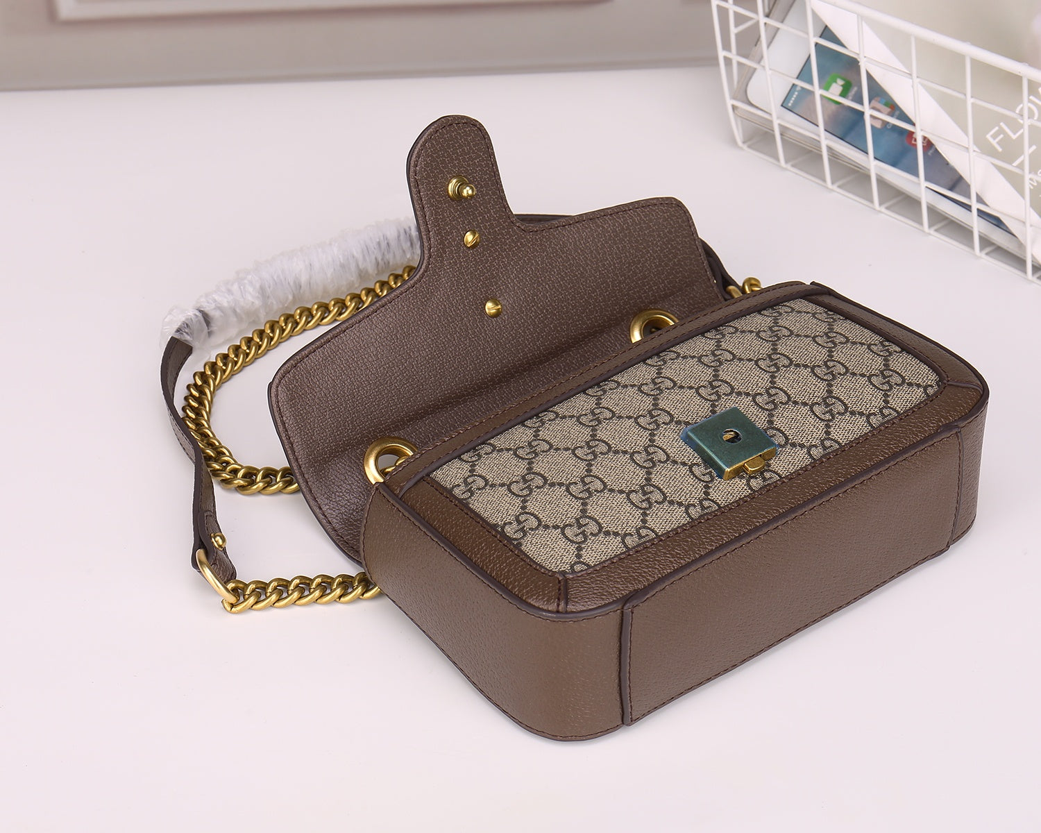 Gucci Classic Monogram Flap Shoulder Bag with Gold Chain and Leather Trim