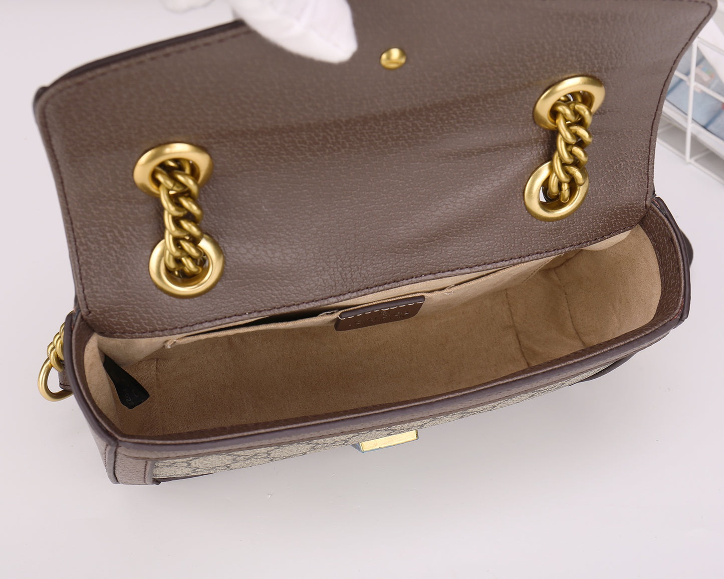 Gucci GG Marmont Small Shoulder Bag in Beige and Ebony GG Supreme Canvas