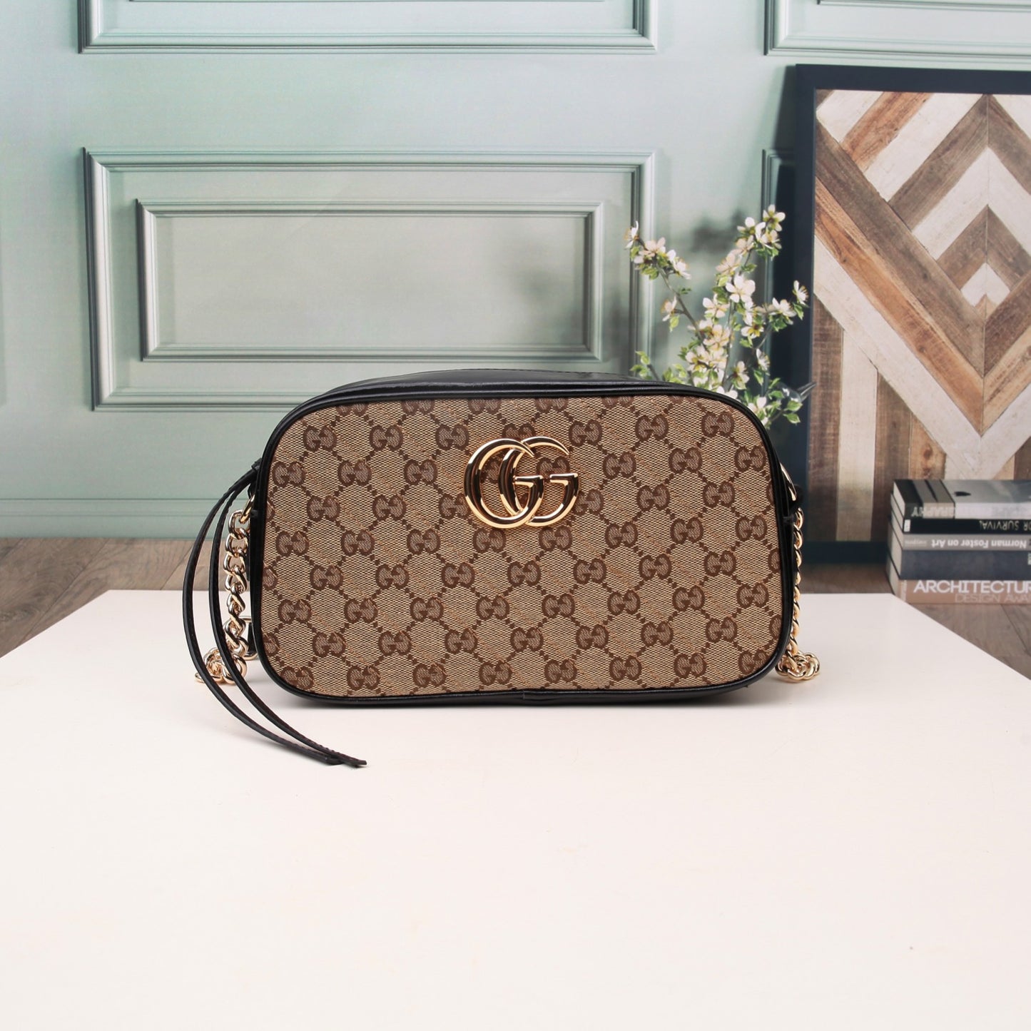 Gucci Classic Monogram Canvas Crossbody Camera Bag with Gold Chain Strap