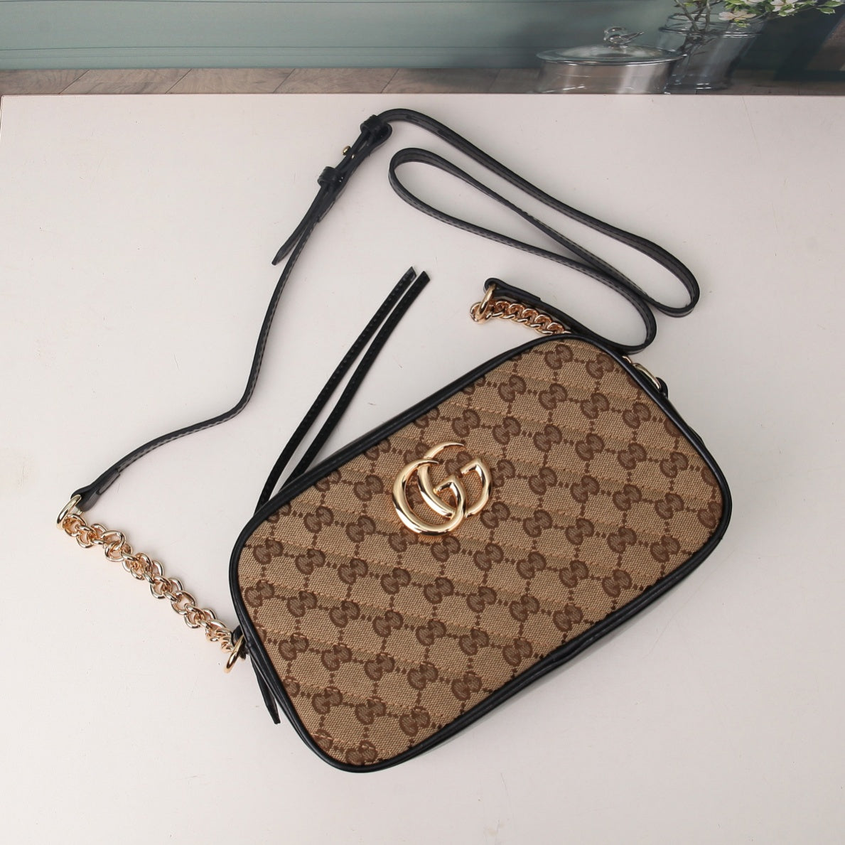Gucci Classic Monogram Canvas Crossbody Camera Bag with Gold Chain Strap