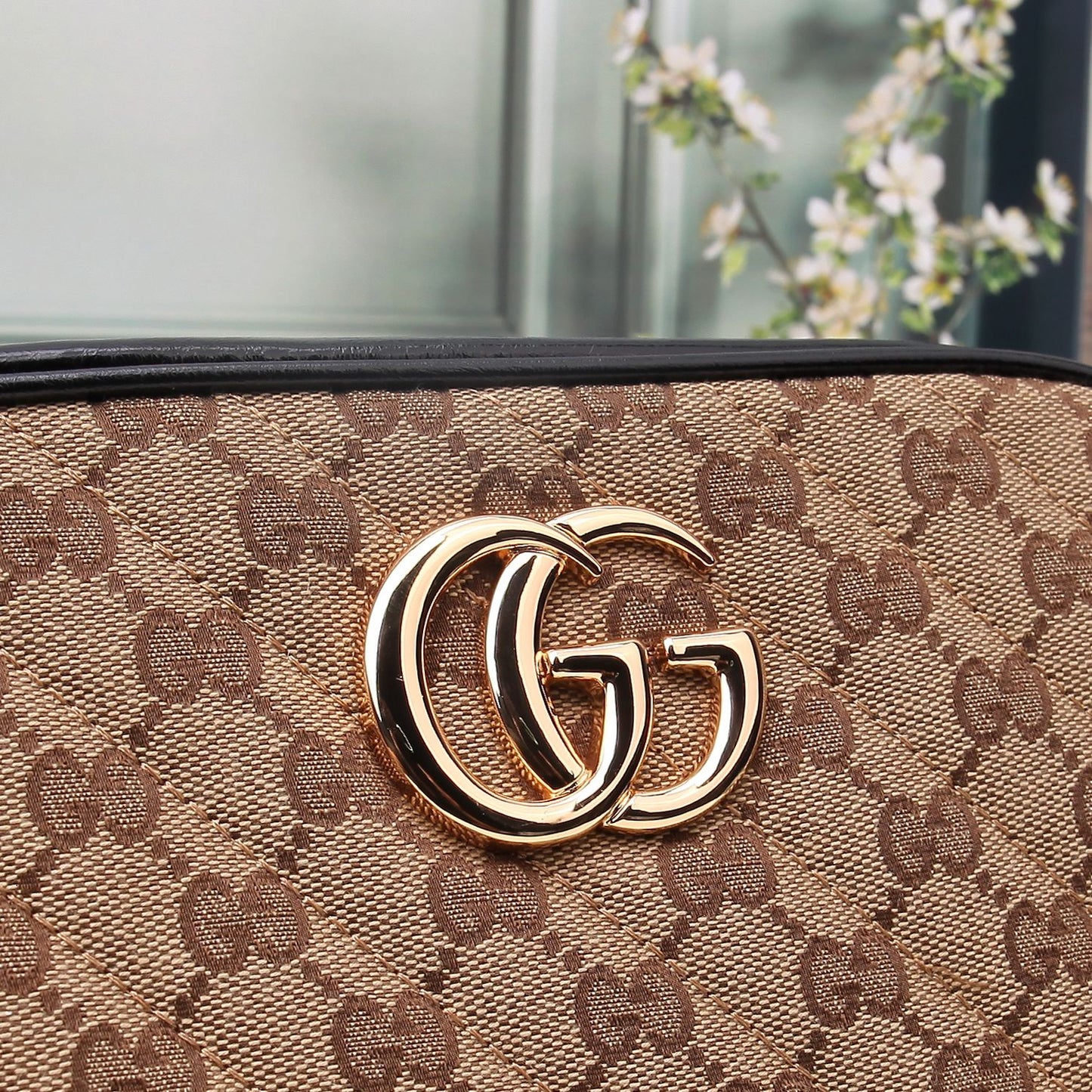 Gucci Classic Monogram Canvas Crossbody Camera Bag with Gold Chain Strap