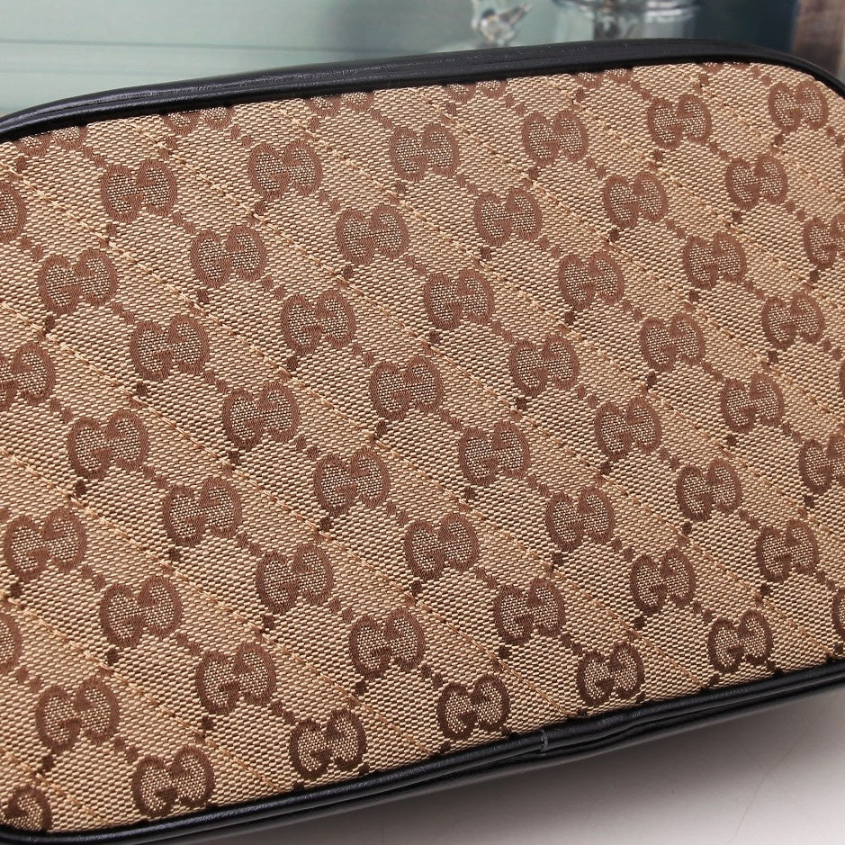 Gucci Classic Monogram Canvas Crossbody Camera Bag with Gold Chain Strap
