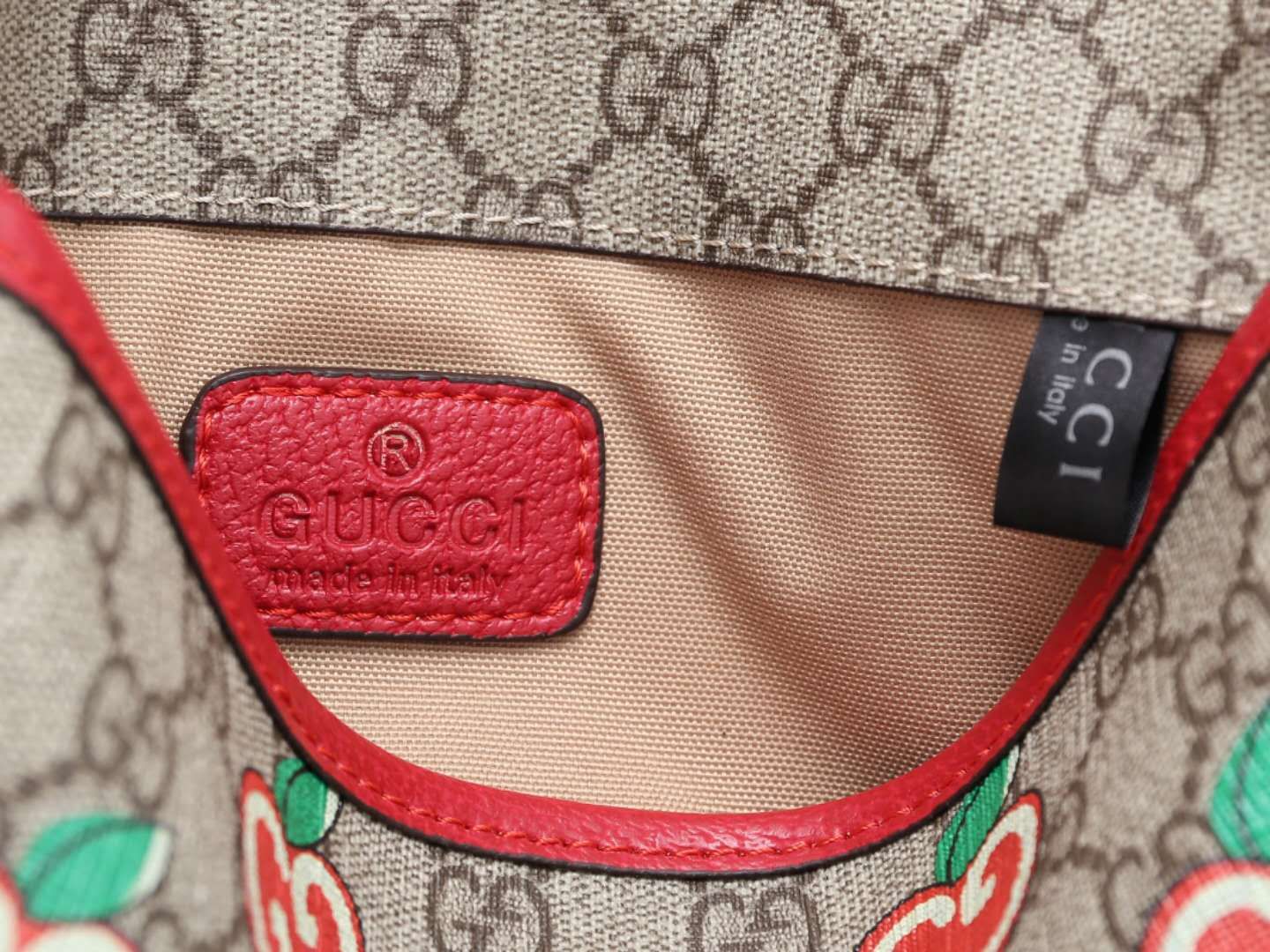 Gucci Vintage Monogram Canvas Waist Bag with Red Trim and Fruit Print