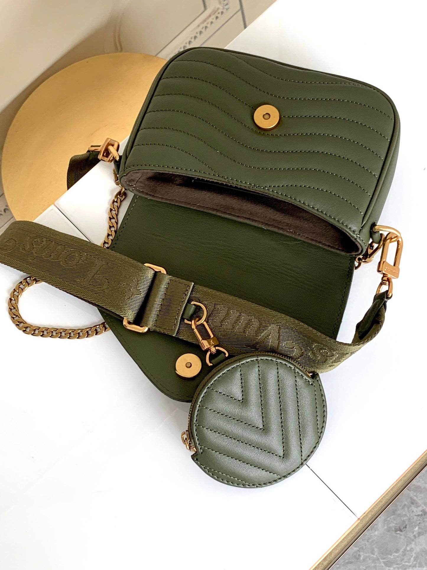 Louis Vuitton Chevron Quilted Olive Green Crossbody Shoulder Bag with Round Pouch