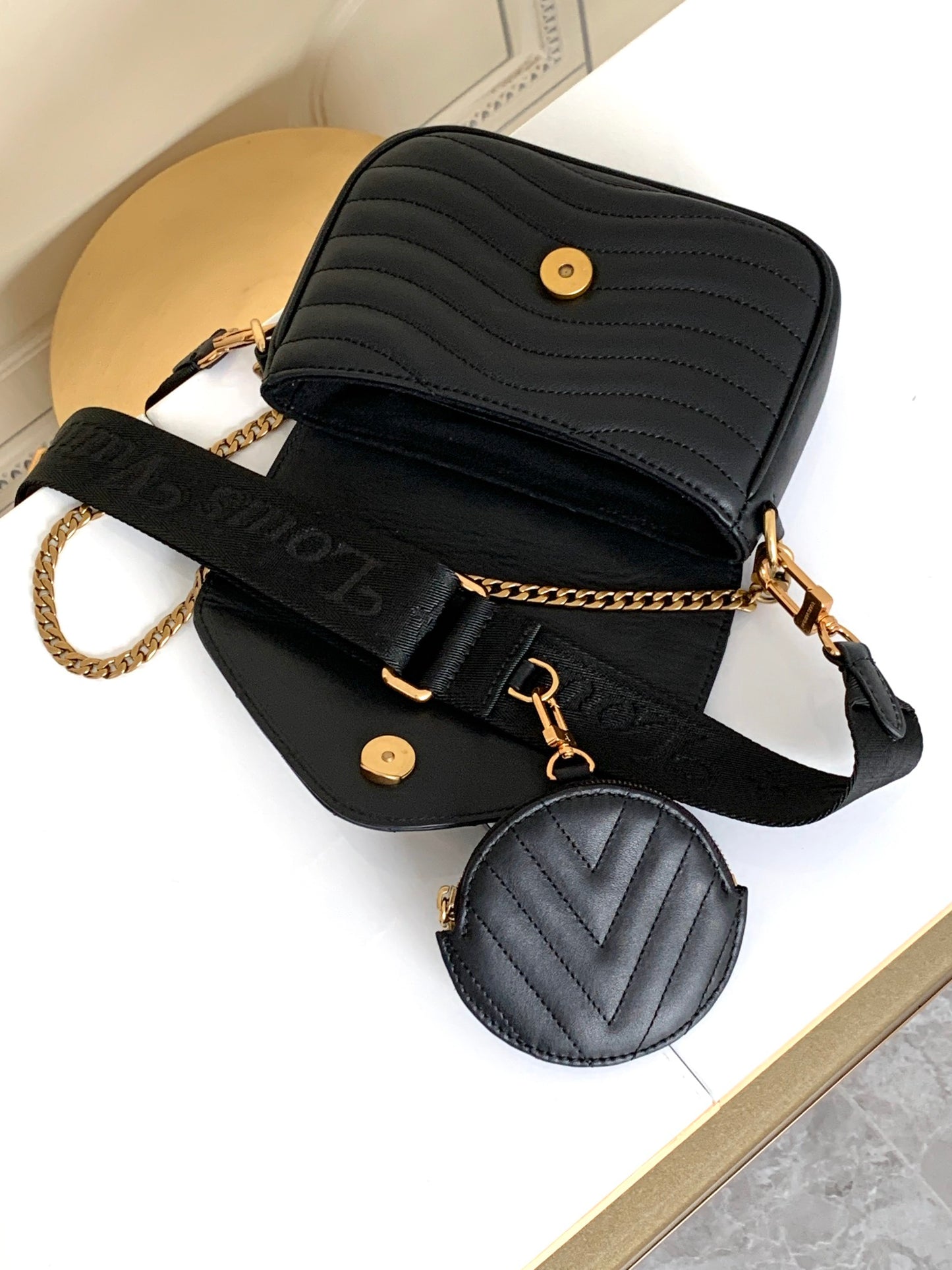 Louis Vuitton Black Quilted Chevron Crossbody Bag with Detachable Coin Pouch