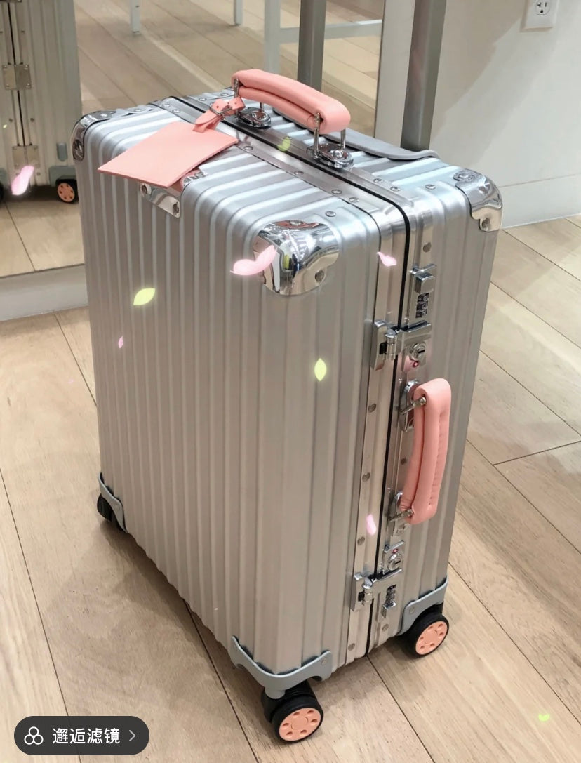 Silver Aluminum Style Spinner Suitcase with Pink Leather Handles