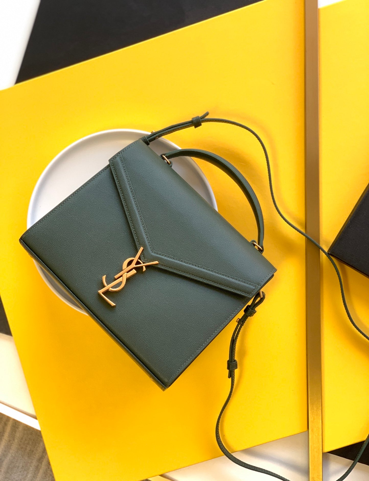 Saint Laurent Cassandra Top Handle Bag in Dark Green Grain de Poudre Embossed Leather - Gold Hardware