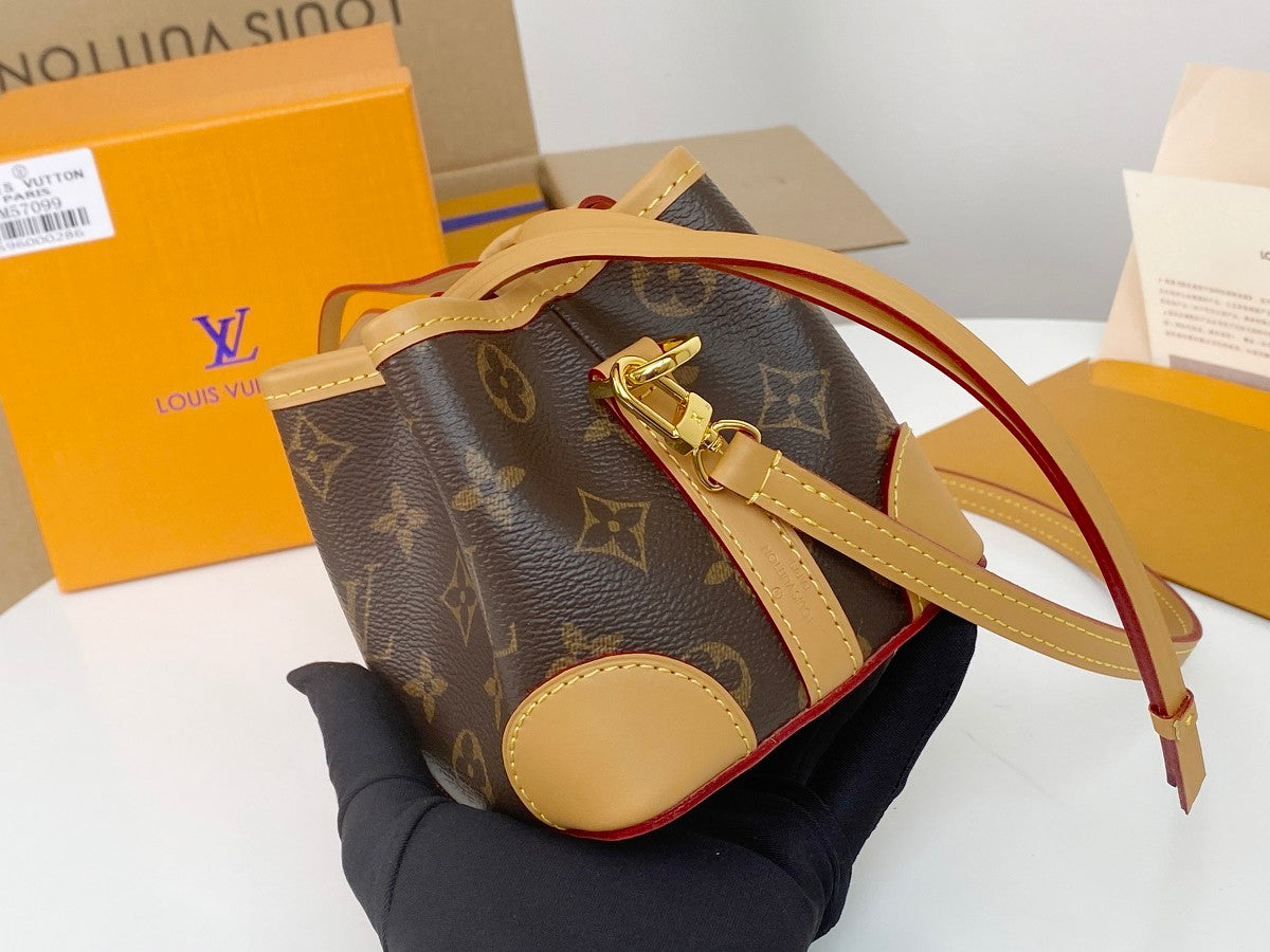 Louis Vuitton Vintage Brown Monogram Mini Bucket Bag with Tan Leather Trim