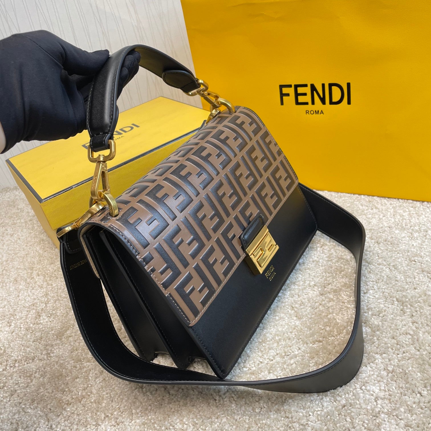 Fendi Kan I Shoulder Bag FF Logo Black Leather Handbag