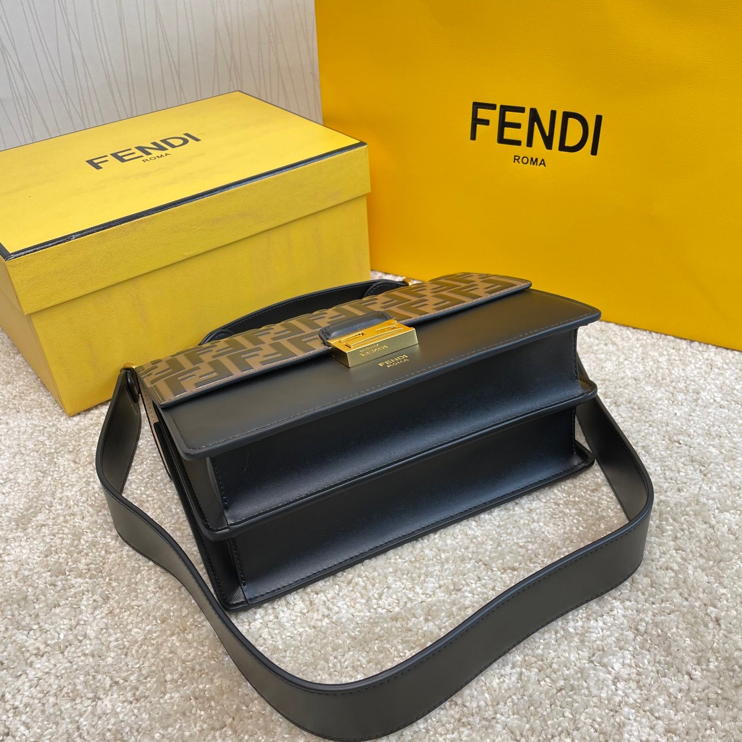 Fendi Kan I Shoulder Bag FF Logo Black Leather Handbag