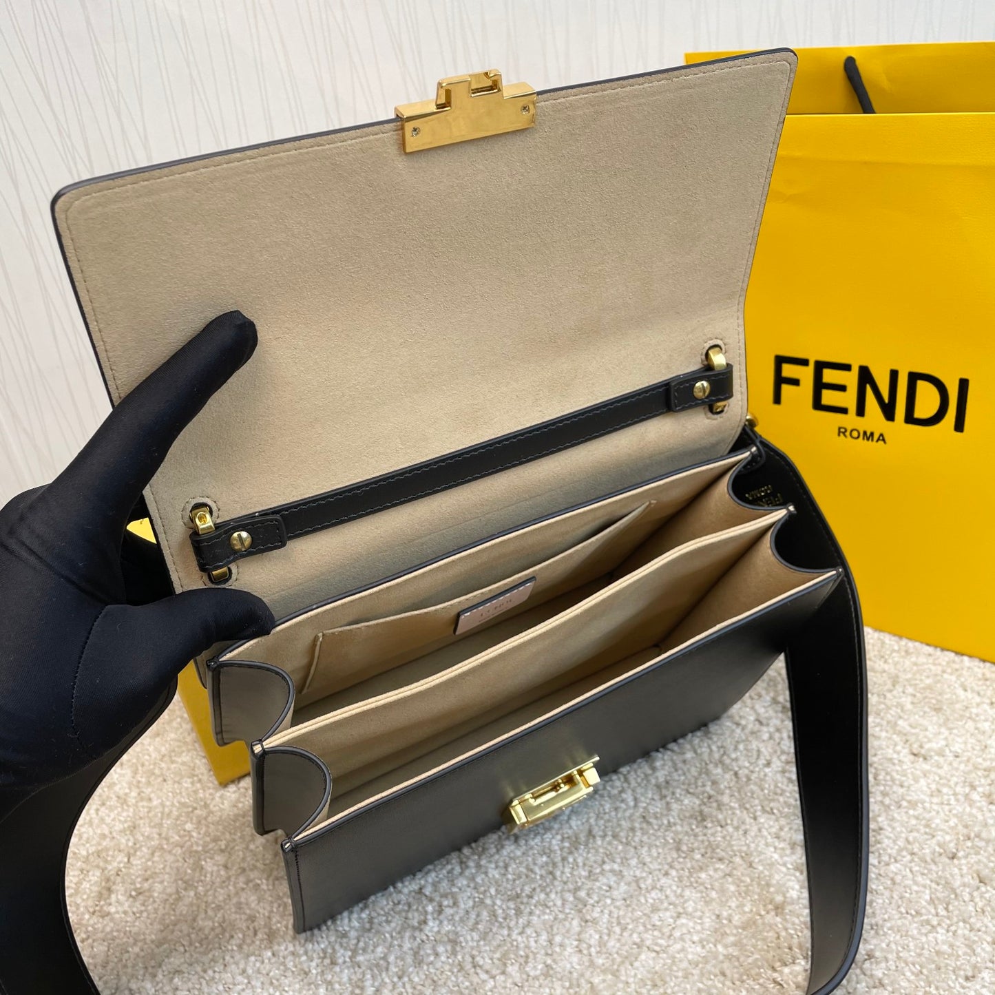 Fendi Kan I Shoulder Bag FF Logo Black Leather Handbag