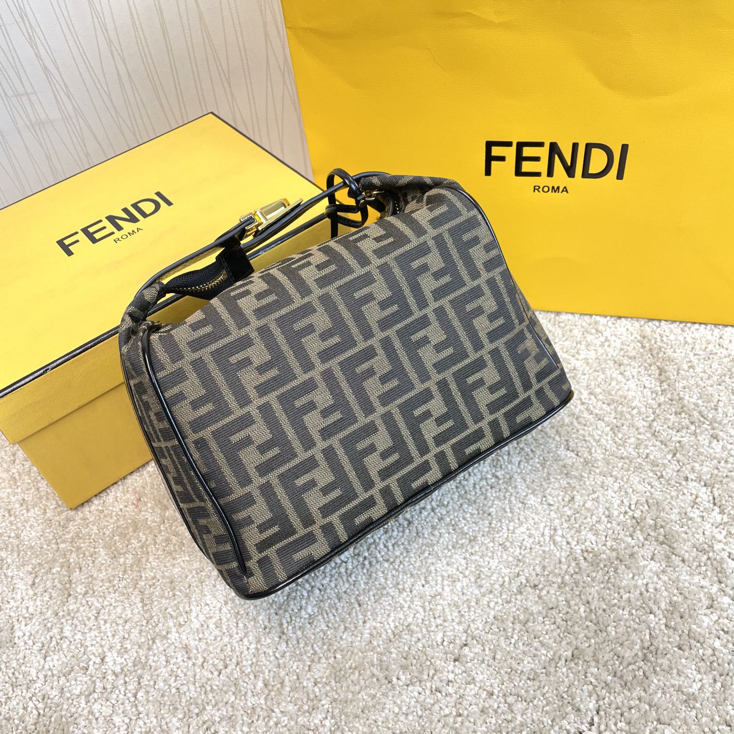 Fendi Small By The Way Boston Bag - Brown FF Monogram Canvas with Black Leather Trim