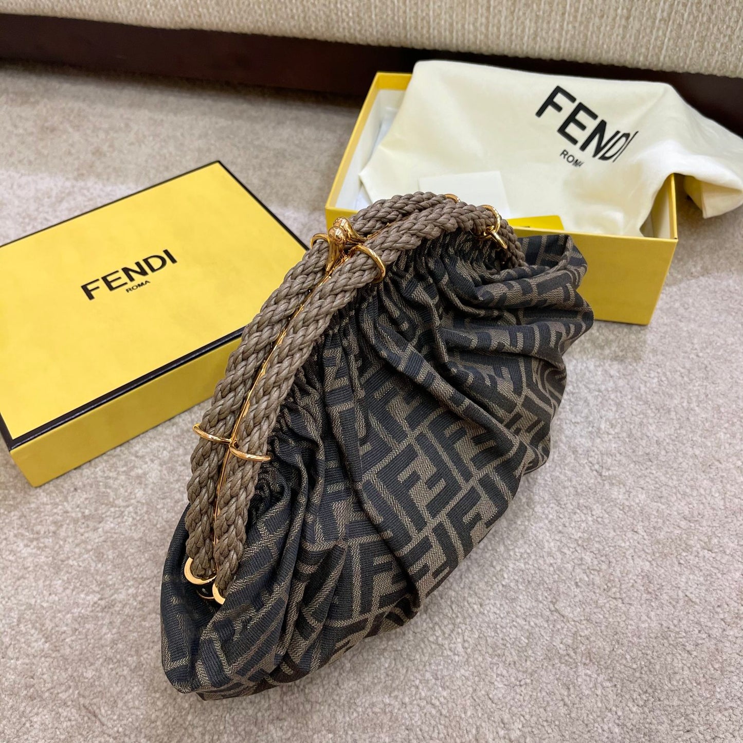 Fendi First Medium FF Fabric Clutch Bag - Brown FF Logo
