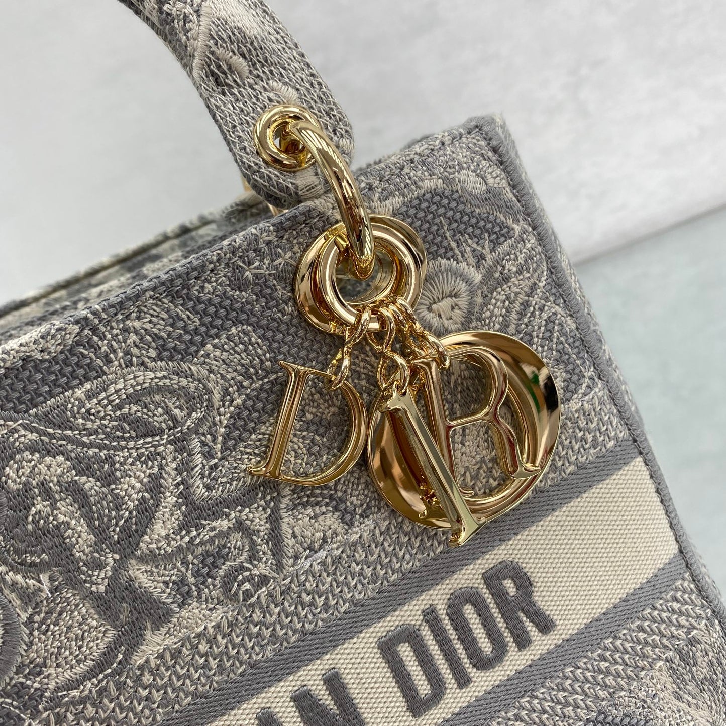 Dior Elegant Grey Toile de Jouy Embroidered Canvas Top Handle Bag