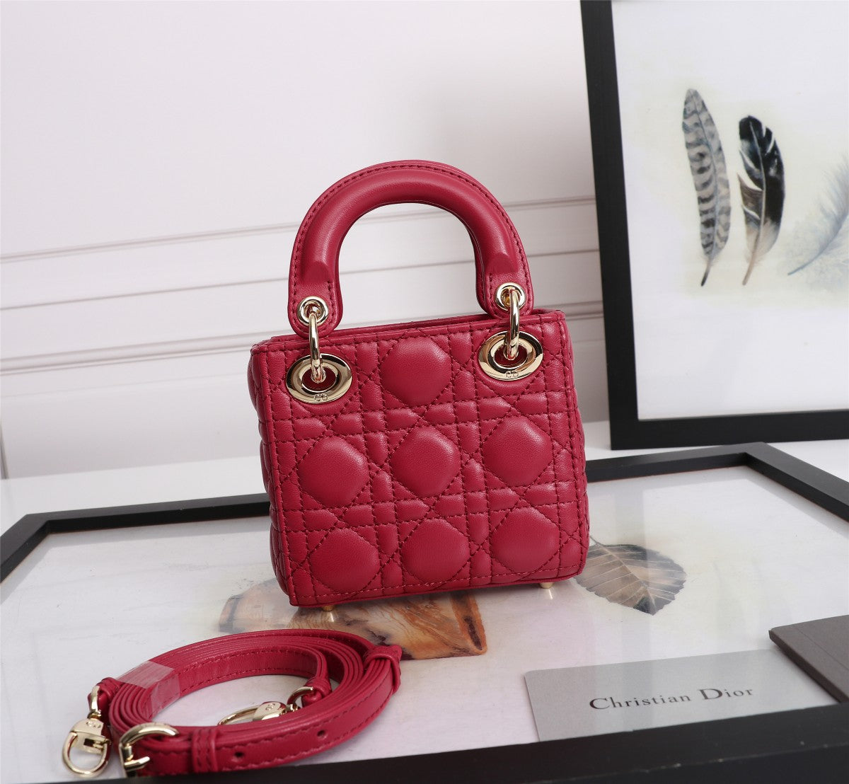Dior Classic Red Quilted Leather Mini Top Handle Bag with Shoulder Strap