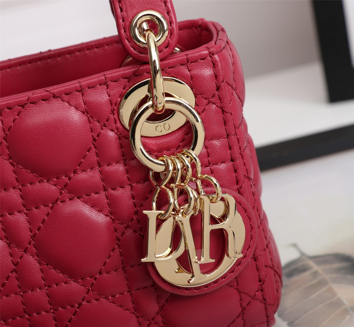 Dior Classic Red Quilted Leather Mini Top Handle Handbag with Strap