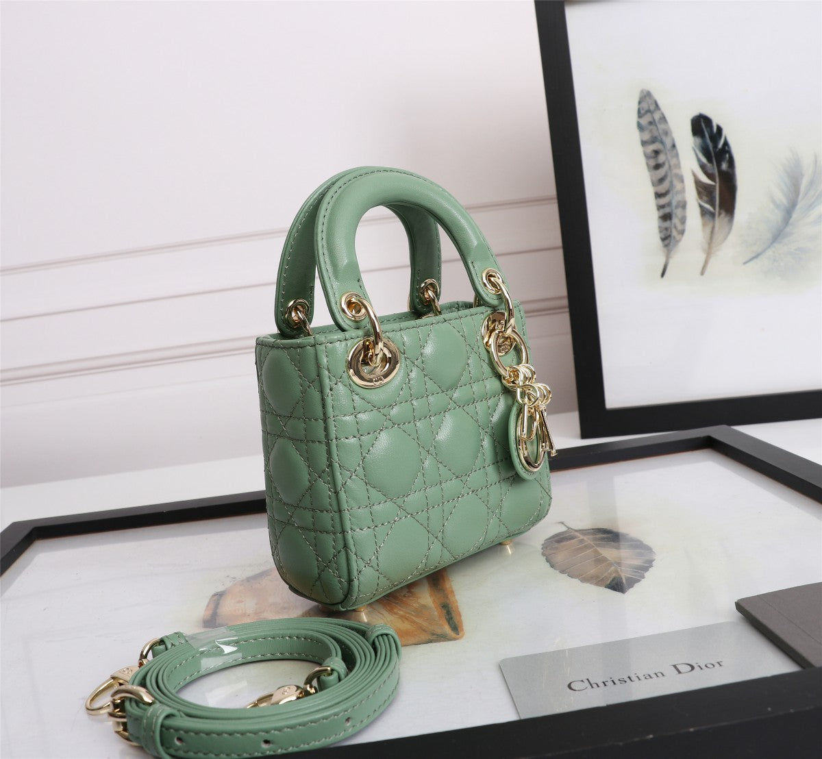 Dior Elegant Sage Green Quilted Leather Mini Top Handle Shoulder Bag