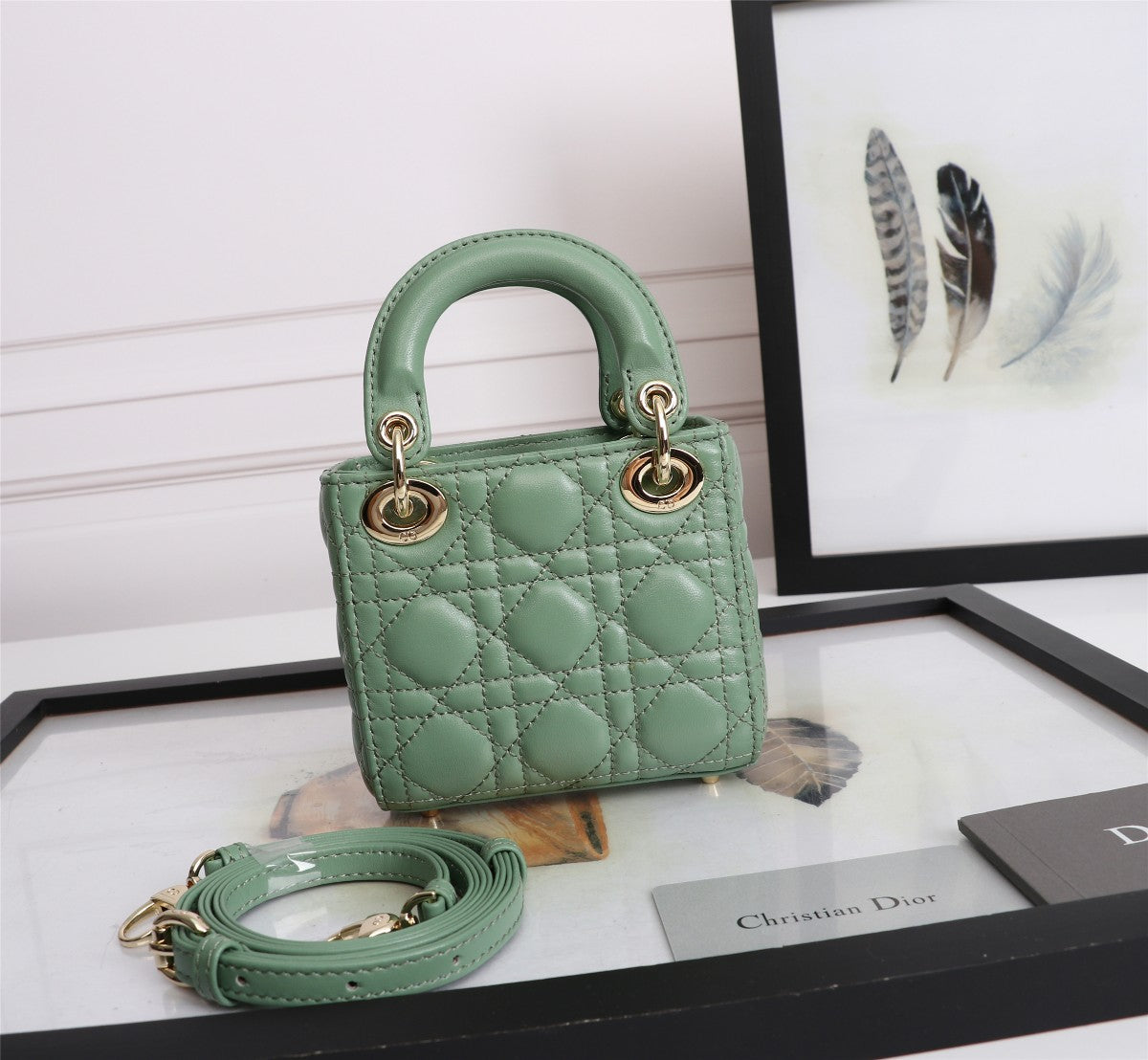 Dior Mint Green Quilted Leather Mini Top Handle Handbag with Strap