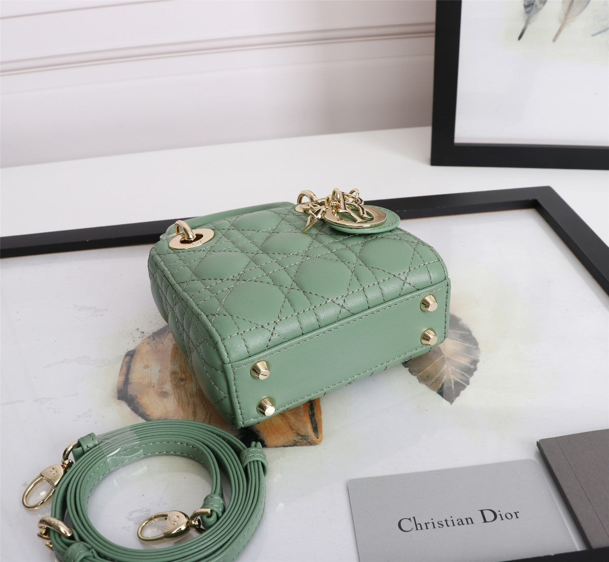 Dior Elegant Sage Green Quilted Leather Mini Top Handle Shoulder Bag