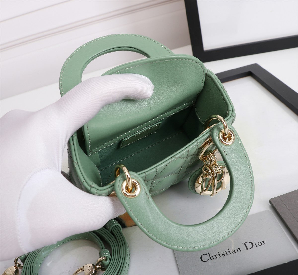 Christian Dior Lady Dior Micro Bag Sage Green Quilted Lambskin