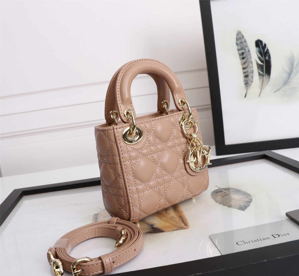Micro Lady Dior Bag in Nude Cannage Lambskin with Gold-Finish Charms