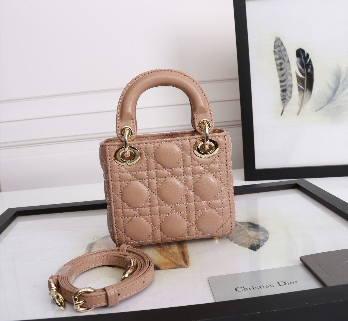 Dior Blush Pink Quilted Leather Mini Top Handle Bag with Shoulder Strap